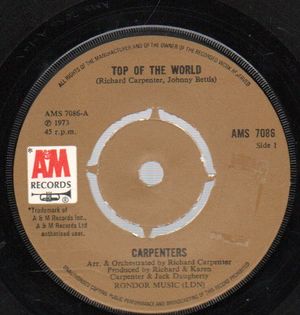 CARPENTERS , TOP OF THE WORLD / YOUR WONDERFUL PARADE (push out centre)
