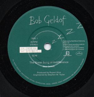 BOB GELDOF, THE GREAT SONG OF INDIFFERENCE / HOTEL 75 - paper label