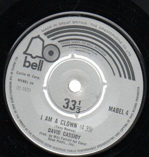 DAVID CASSIDY, I AM A CLOWN / SOME KIND OF SUMMER/SONG FOR A RAINY DAY - both sides 33rpm