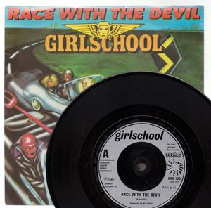 GIRLSCHOOL, RACE WITH THE DEVIL / TAKE IT ALL AWAY - looks unplayed silver label